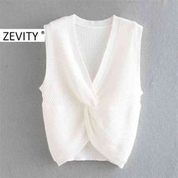 women fashion cross v neck knotted knitting sweater ladies basic sleeveless casual slim sweaters chic tops S339 210420
