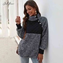 Women Sweatshirts Long Sleeve Patchwork Color Fahsion Autumn Winter Pullover Black Ladies Plush Warm Tops Clothing 210415