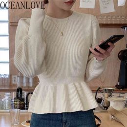 Ruffles Elegant Women Sweaters Korean Chic Retro Solid Spring Pullover Ins O Neck Fashion Autumn Pull Femme 19535 210415