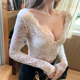 Sexy V-neck Lace Blouse Women French Chic Short Transparent Floral Shirt Plus Size 5XL Slim Long Sleeve Bottoming Tops 13726 210528