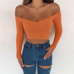 women T-shirts sexy and club fashion female T-shirt long sleeve off shoulder solid Colour lady Tshirt autumn basic tees 210607