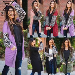 Women Sweater Leopard Patchwork Cardigan Knit Loose Long Ladies All Match Coat Autumn Winter 210524