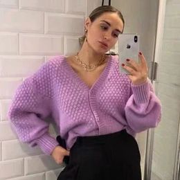 vintage purple knitted cropped cardigan oversized button up puff sleeve cardigan top autumn winter casual office tops 210415