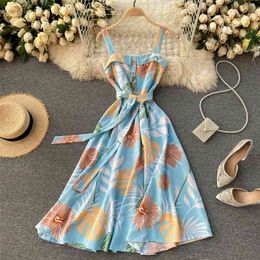 Women Fashion Sexy Tropical Print Sweet Cute A-line Dress Sleeveless Slim Elegant Clothes Vesitdos R632 210527