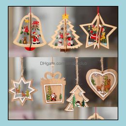 Festive Supplies & Garden2D 3D Wooden Hanging Pendants Hollow Out Star Xmas Tree Bell Christmas Ornament Home Party Decorations Gga3679-7 Dr