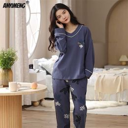 Big Size Sleepwear for Women Pjs V-neck Long Sleeve Autumn Pajamas Set Woman Cotton 5XL Two Pieces Sets Winter Floral Pijama 211215