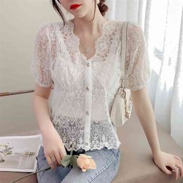 Summer Sexy Blouse Lace Women's Short-sleeve Shirt Fashion Korean Style V-neck Temperament Cardigan 14069 210527