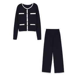 Women O Neck Knitted Button Cardigan Long Sleeve Black Khaki Wide Leg Pants Set Autumn Elastic Waist Spring T0066 210514