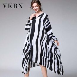 VKBN Fashion s Large Size Dresses Woman Striped V-Neck Long Sleeve Female Long Sleeve Dress Plus Size Women 210507