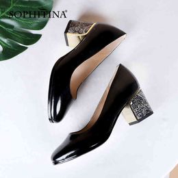 SOPHITINA Classic Round Toe High Heels Ladies Basic Fashion Square Heel Female Shoes Handmade Cow Leather Women's Pumps K33 210513