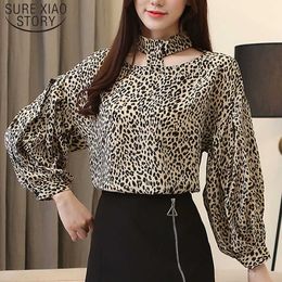 Fashion Autumn Long Sleeve Lantern Sleeve Chiffon Blouse Casual Stand Print Leopard women tops and blouses 5069 50 210527