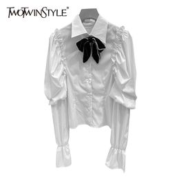 TWOTWINSTYLE Elegant Patchwork Bowknot Diamond Shirt For Women Lapel Flare Long Sleeve White Blouse Female Fashion Stylish 210517