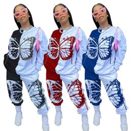 Plus Size Women Clothing 2 Piece Set S-5XL Full Sleeve Hoodie Sweat Suit Butterfly Print Cotton Tracksuit Wholesale Dropshipping X0428