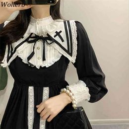 Japanese Lolita Dress Women Gothic Kawaii Midi Long Female Lace-Up Ruffles Vintage Sweet Korean 210519