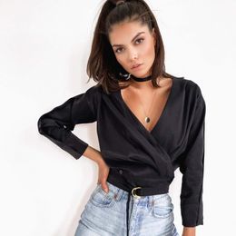 Women Sexy Deep V-Neck Tops New Early Spring Office Lady Long Sleeve Elagent Blouse Solid Sashes Elegant Women T-shirts 210412