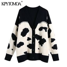 Women Fashion Oversized Animal Knitted Cardigan Sweater V Neck Long Sleeve Female Outerwear Chic Tops 210420