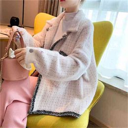 Women Fake Fur Sweaters and Cardigans Winter Thick Warm Faux velvet Chic Knit Jacket White Elegant Coat Plaid Tops 210430