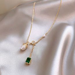 2020 South Korea Green Pearl Pendant Necklace Delicate Elegant Clavicle Geometric Simple Neck Chain