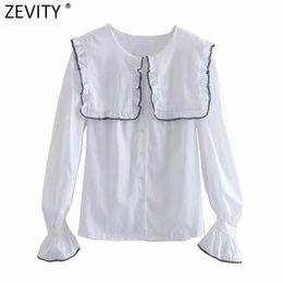 Zevity Women Sweet Black Agarci Lace Edge Decoration Ruffles White Smock Blouse Office Lady Court Shirts Chic Blusas Tops LS7441 210603
