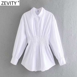 Zevity Women Fashion Turn Down Collar Waist Elastic Pleating White Smock Blouse Office Ladies Slim Shirt Chic Blusas Tops LS9023 210603