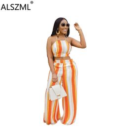 women summer suit sexy orange halter top and high waisted loose pant 2 pieces party women fashion style tracksuit 210707