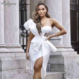 Women's Sexy Bodycon Dress Summer Asymmetrical Ruffled White One Shoulder Celebrity Party 210525