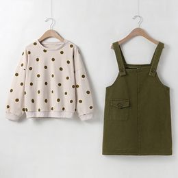 Spring Autumn Children Sets Girls Polka Dot Printed Cotton T-shirt+ Strap Skirt 2-piece Set KidsClothes 4-13Y 210515