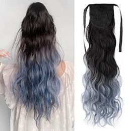 Celebrity Corn wave Ponytail Extension brazilian remy Wrap Around Ribbon for Women chic Wavy Curly Hair Fluffy Pony Tail -Haze Blue 120g 1pcs