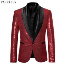 Shiny Red Sequin Bling Glitter Blazer Jacket Men Shawl Collar One Button Nightclub Party Prom DJ Rock and Roll Costumes 210522