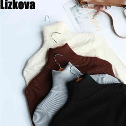 Lizkova Black Rib Knit Top Women Long Sleeve Turtleneck Sweater Winter Casual Ladies Pullover Tops 210806