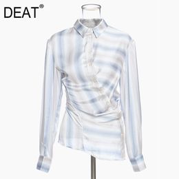 Women Light Blue Stripe Asymmetric Blouse Lapel Long Sleeve Loose Fit Shirt Fashion Tide Spring Autumn GX233 210421