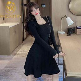 Spring and Autumn Women Fake Two Pieces Slim Knitted Square neck Sweater Female Fashion Temperament Personality Dresses 210506