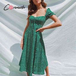 Conmoto Summer Vintage Party Dress Square Collar Ruffle Elegant Sexy Dress Beach Female Green Floral Print Mid Dresses Vestidos 210331