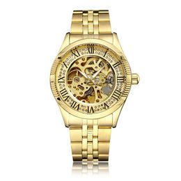 Luxury Rhinestone Skeleton Golden Mechanical Watch Men Automatic Self-Wind Watches Stainless Steel Band Wristwatch Male Wristwatches