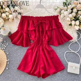 Solid Off Shoulder Jumpsuit Chic Beach Style Flare Sleeve Bodysuit Women Summer Bow Ropa Mujer Ins Fashion 14372 210415