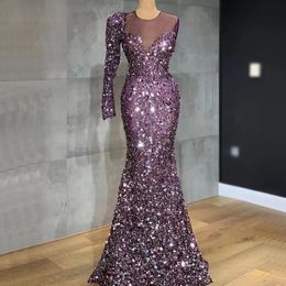 nude collar dress UK - Sequined Purple Plus Size Custom Made Evening Dresses One Shoulder Long Sleeve Beaded Formal Women Holiday Wear Celebrity Party Gowns