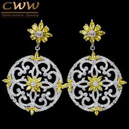Bohemia Style Yellow Cubic Zirconia Stones Large Long Drop Dangle Wedding Earring Bridal Costume Jewelry CZ145 210714