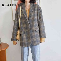 Autumn Winter Vintage Plaid Single Breasted Woolen Blazer Long Sleeve Turn Down Collar Women's Coat Jacket Female 210428