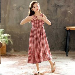 casual long summer dress for teens girls 2020 cotton plaid maxi Girls Sleeveless Dresses children princess holiday Party frocks Q0716