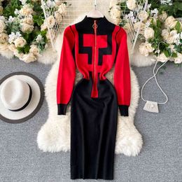 SINGREINY Women Korean Vintage Knitted Dress O Neck Elastic Sheath Pencil Dress Autumn Solid Zippers Long Sleeve Midi Dress 210419