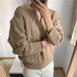 Autumn Winter Fashion Korean Casual Solid Pullover Sweater Women Hemp Rhombic Texture V-Neck Loose Long Sleeve Knitwear Pull 210514