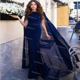 Navy Blue Mermaid Prom Dresses With Cape Elegant Dubai Arabic Muslim Evening Dress 2021 Tight Sain Full Length Chiffon Cloak Formal Graudtion Party Gowns Robes