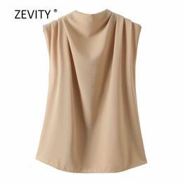 women fashion solid Colour stand collar pleats sleeveless smock shirt ladies office blouses chic roupas femininas tops LS6913 210603