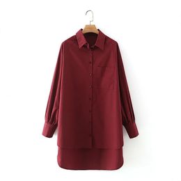 Women Single Pocket Wine Red Simplicity Mini Shirt Dress Female Long Sleeve Clothes Office Lady Loose Vestido D7522 210430
