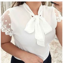 S-5XL New Lace Up Bow Tie Shirt Summer Short Sleeve Solid Chiffon Casual Blouse Plus Size 5xl Office Lady Blusas Woman Top 210419