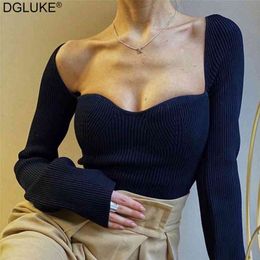 DGLUKE Fashion Women's Sweater Square Collar Long Sleeve Pullover Jumper Knitted Crop Tops Ladies Elegant Sweaters Black White 210805