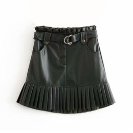 Stylish chic PU leather women skirt ruffles bow tie sashes pockets zipper fly skirts pleated female mini mujer 4 Colours 210430