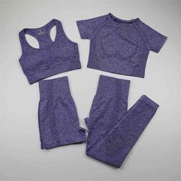 Seamless Leggings+Short Sleeve Crop Top+Sports Bra+Sport Shorts 4 Pieces Yoga Set Wear For Women Gym Clothing Suit 210813
