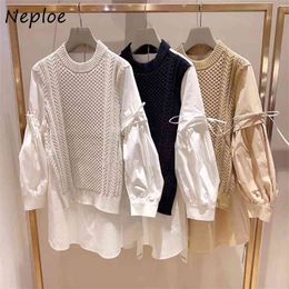 Neploe Chic Fake Two Piece Dresses Women O-neck Drawstring Slim Waist Flare Sleeve Dress Autumn Knitted Vest Patchwork Vestidos 210423