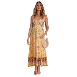 Floral Sling Dress Women Summer Fashion Elegant Bohemian V-neck Slim Yellow Long Dresses Feminina LR1233 210531